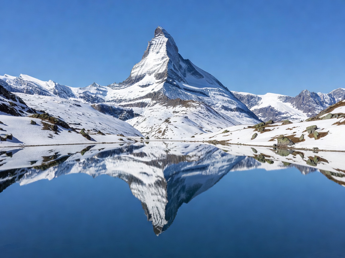 Matterhorn mountain peak reflecting in alpine lake Zermatt