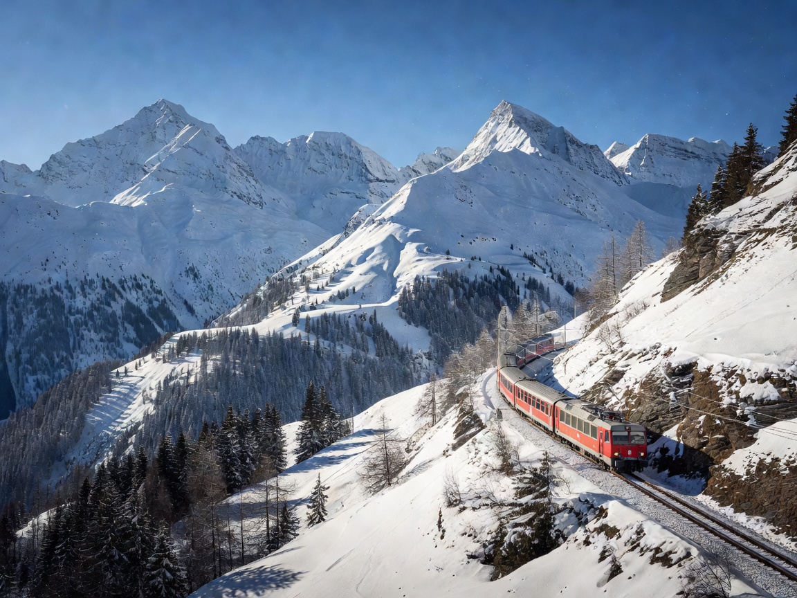 Snow capped Swiss Alps railway scenic view